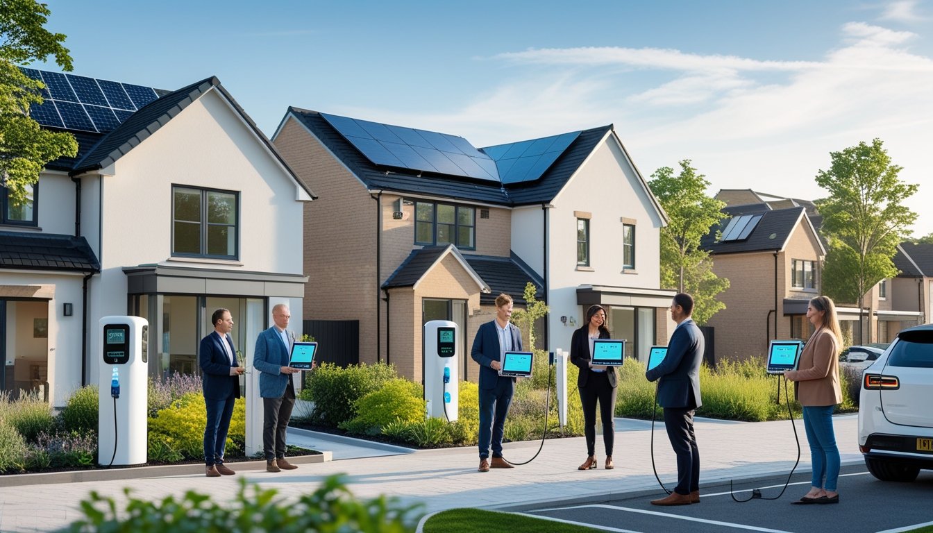 A group of people discussing energy efficiency outside modern UK homes with solar panels and electric vehicle charging stations.