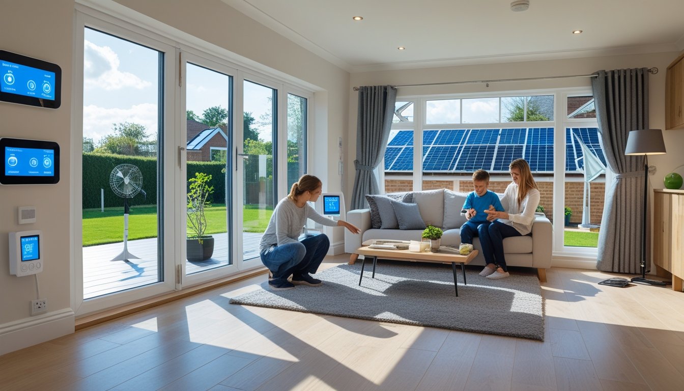 A modern UK home interior with large windows, a smart thermostat, solar panels on the roof, and a family using energy-efficient devices.