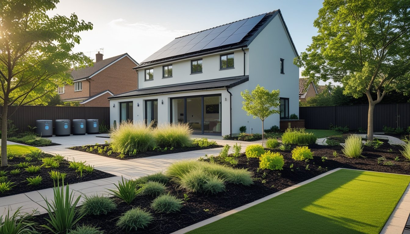A modern UK suburban house with solar panels on the roof and a garden featuring native plants, trees, and rainwater harvesting barrels.