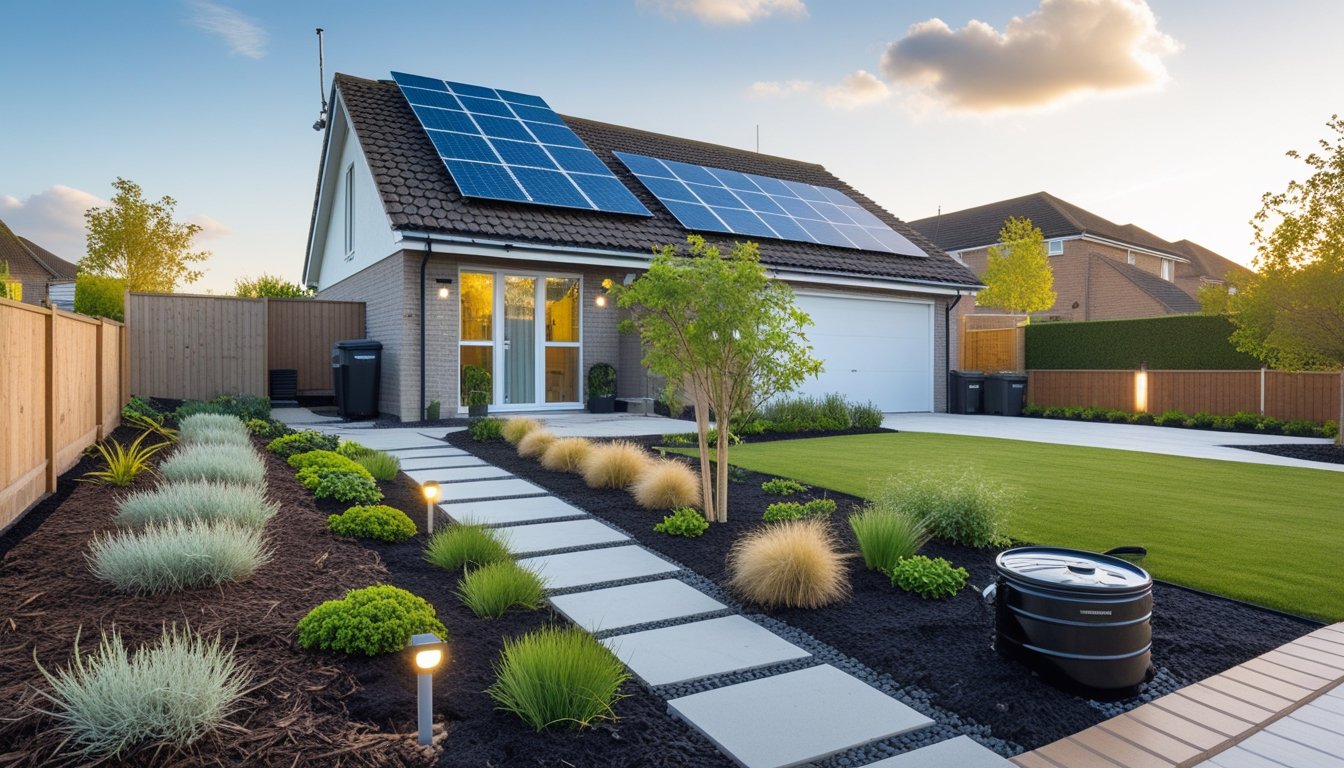 A modern UK suburban home with solar panels, native plants, a rainwater barrel, and a neat garden pathway.