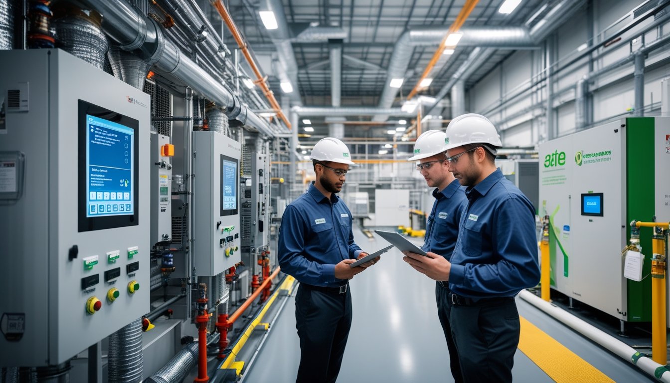 Engineers inspecting heat recovery equipment in a clean industrial facility focused on energy efficiency.