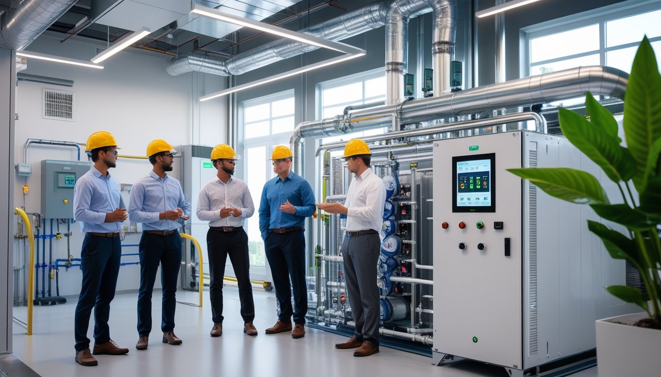 Engineers inspecting a heat recovery system with pipes and control panels in a clean industrial setting.