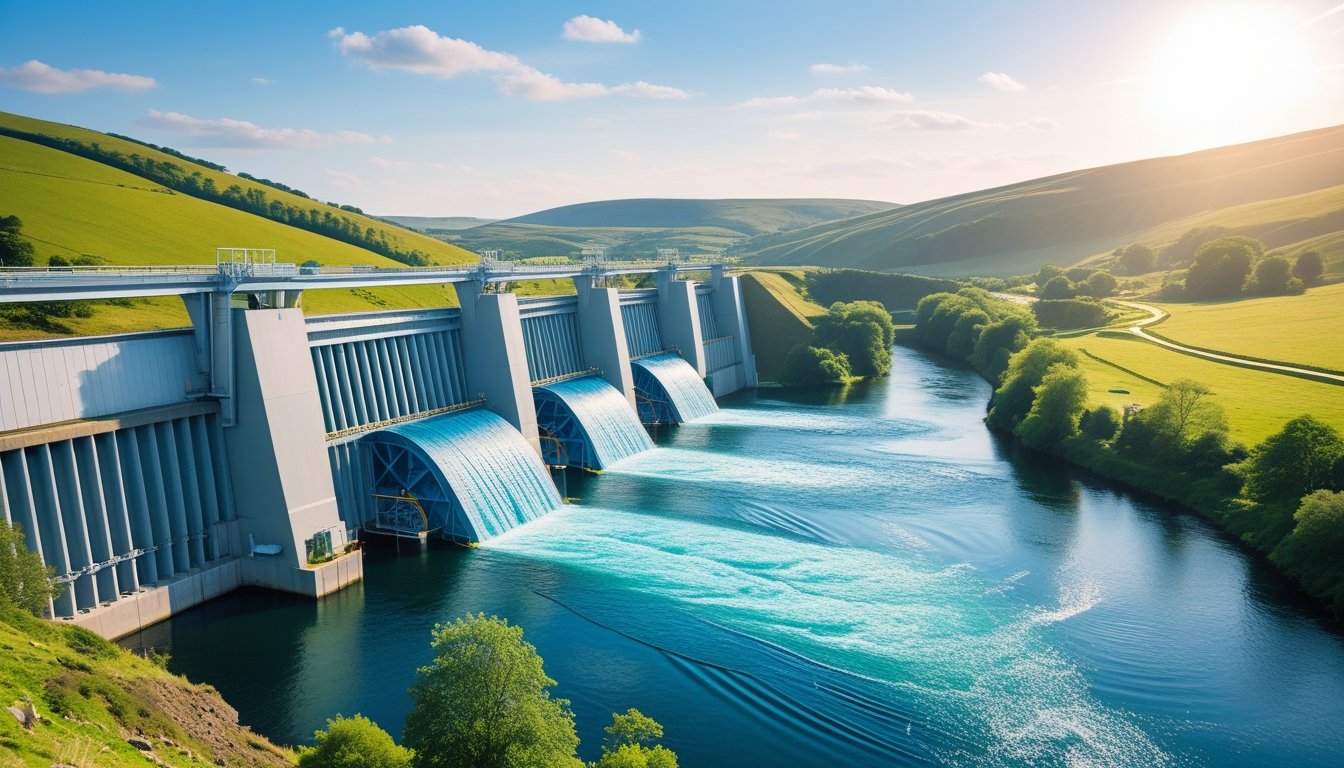 A large hydroelectric dam in a green valley with water flowing through turbines, surrounded by hills and trees under a bright sky.