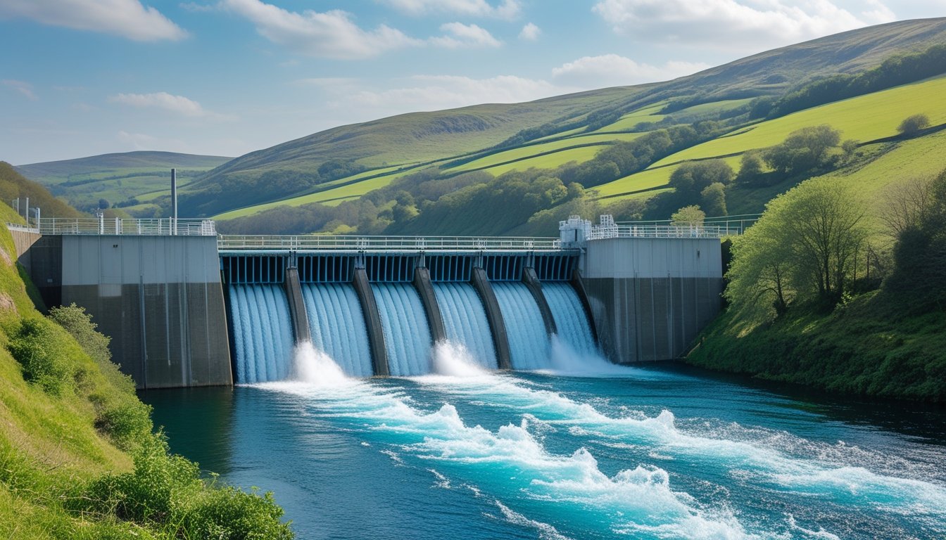 A large hydroelectric dam in a green valley with water flowing through it and hills in the background.