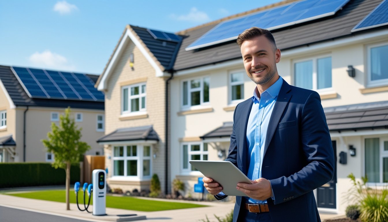 A UK landlord reviewing documents outside a modern energy-efficient rental home with solar panels and eco-friendly features in a suburban neighbourhood.