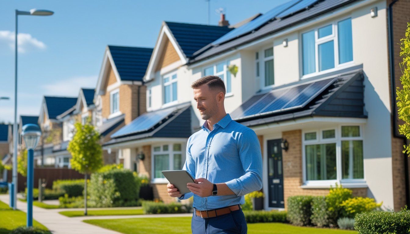 A UK landlord inspecting a modern house with solar panels and energy-efficient features on a sunny suburban street.