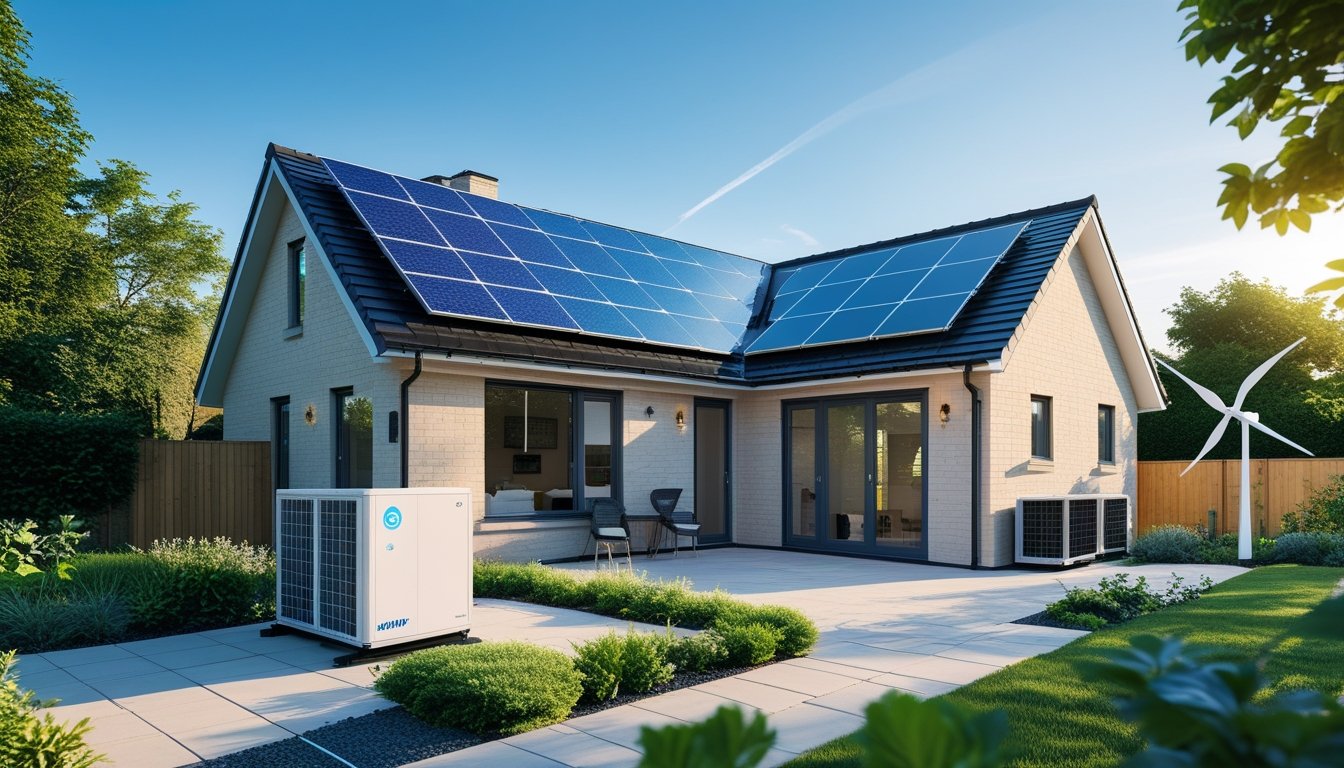 A modern UK suburban home with solar panels on the roof, a heat pump outside, and a small wind turbine in the garden surrounded by greenery.