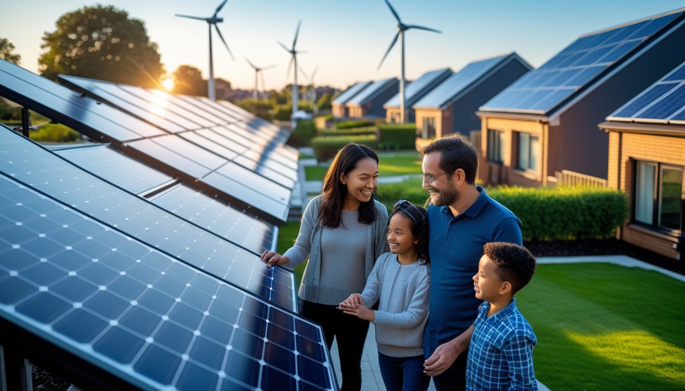 A UK neighbourhood with houses featuring solar panels and wind turbines, with a family standing outside in a green garden.