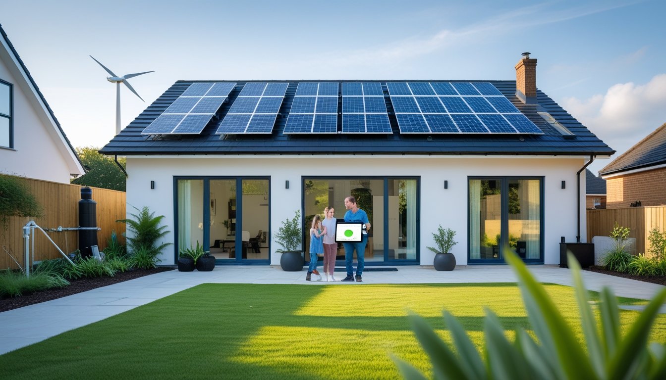 A modern UK home with solar panels, a small wind turbine, and a family using a smart energy device in a green garden.