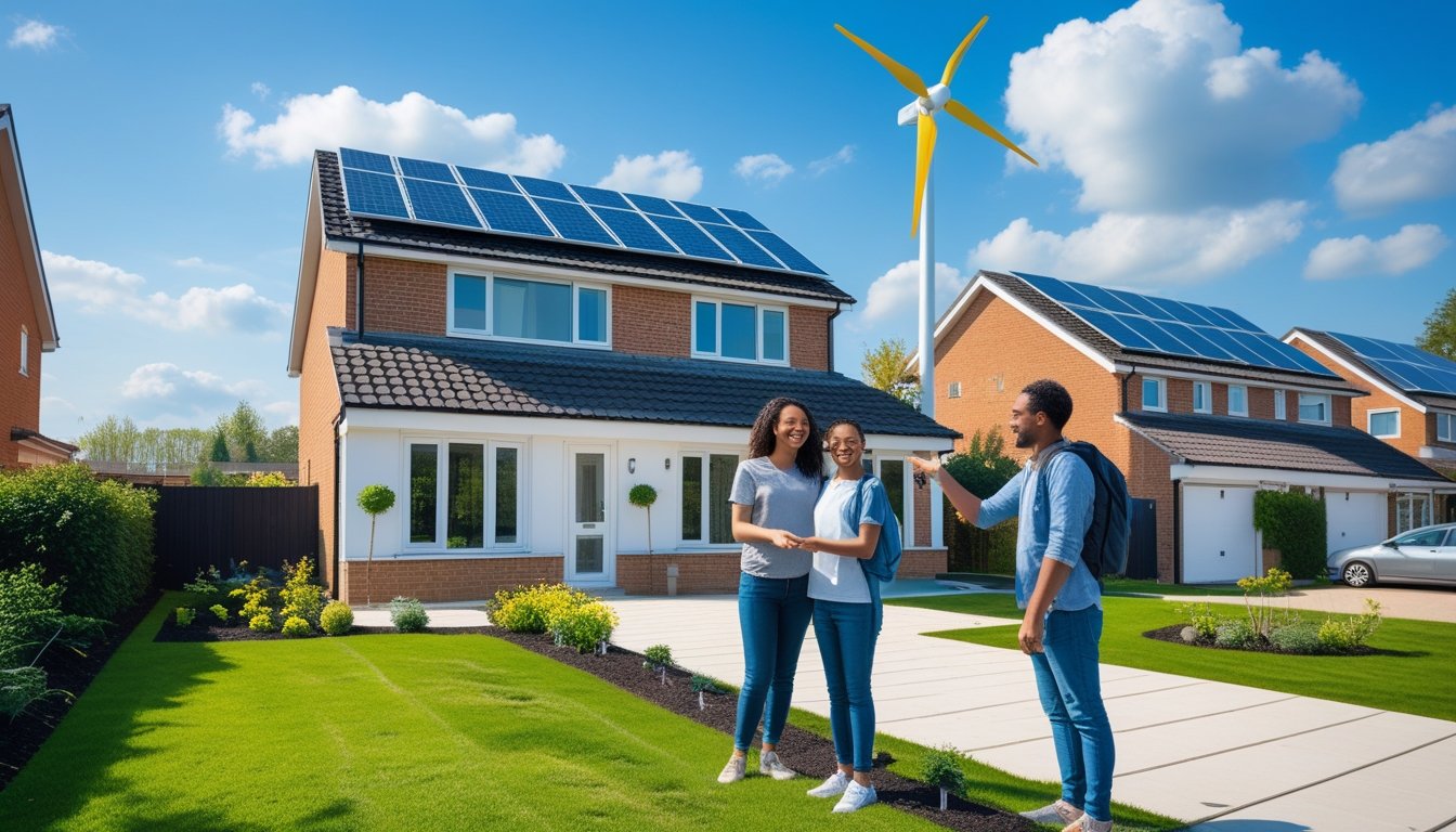 A modern UK home with solar panels and a small wind turbine, a family of three standing outside in a garden on a sunny day.