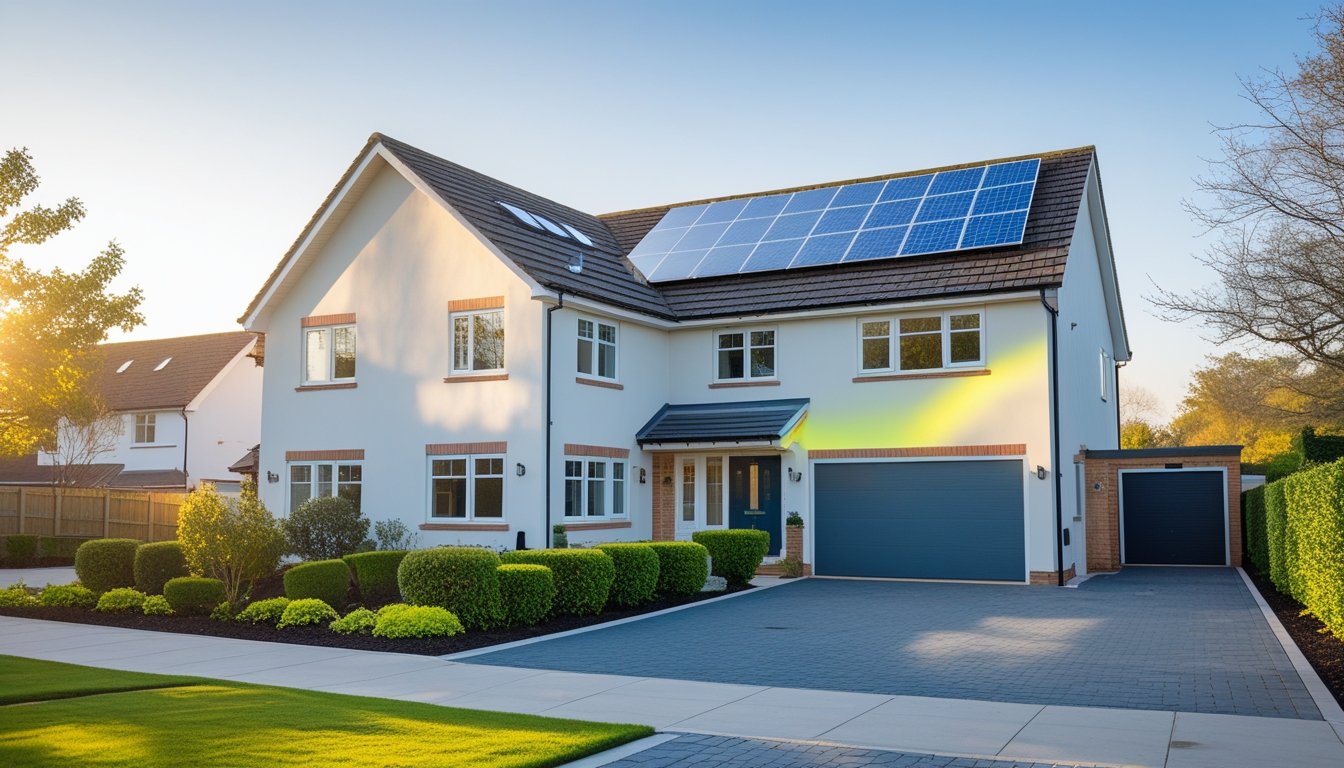 Exterior of a modern UK home with solar panels and freshly painted walls under clear daylight.