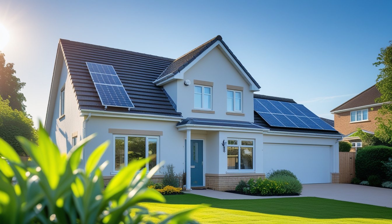 A modern UK house exterior with solar panels, green plants, and sunlight reflecting off the walls, indicating energy-efficient home improvements.
