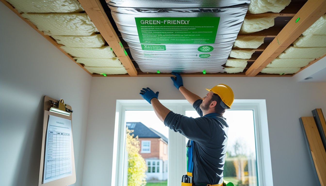 A worker installing eco-friendly ceiling insulation panels in a bright, modern home with exposed wooden beams.