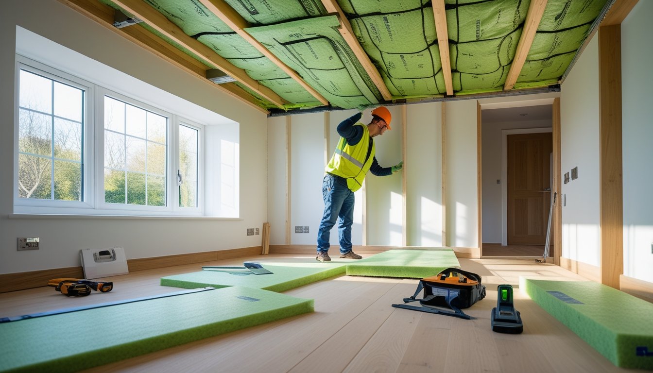Technician installing eco-friendly ceiling insulation in a bright home interior with wooden beams and natural light.