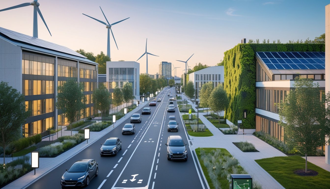 A modern UK city with solar panels, green walls, electric vehicles, and professionals discussing energy efficiency outdoors.