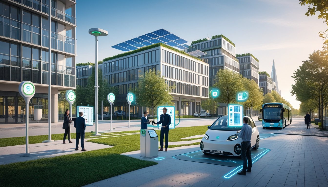 A modern UK city with solar panels, green roofs, electric vehicle chargers, and professionals discussing energy technologies outdoors.