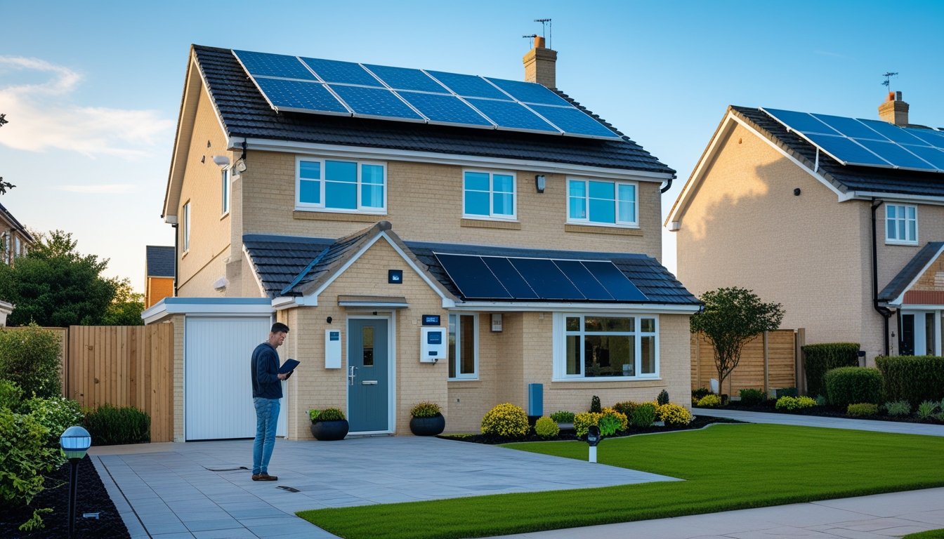 A UK suburban home with solar panels on the roof and a person inspecting them on a sunny day.