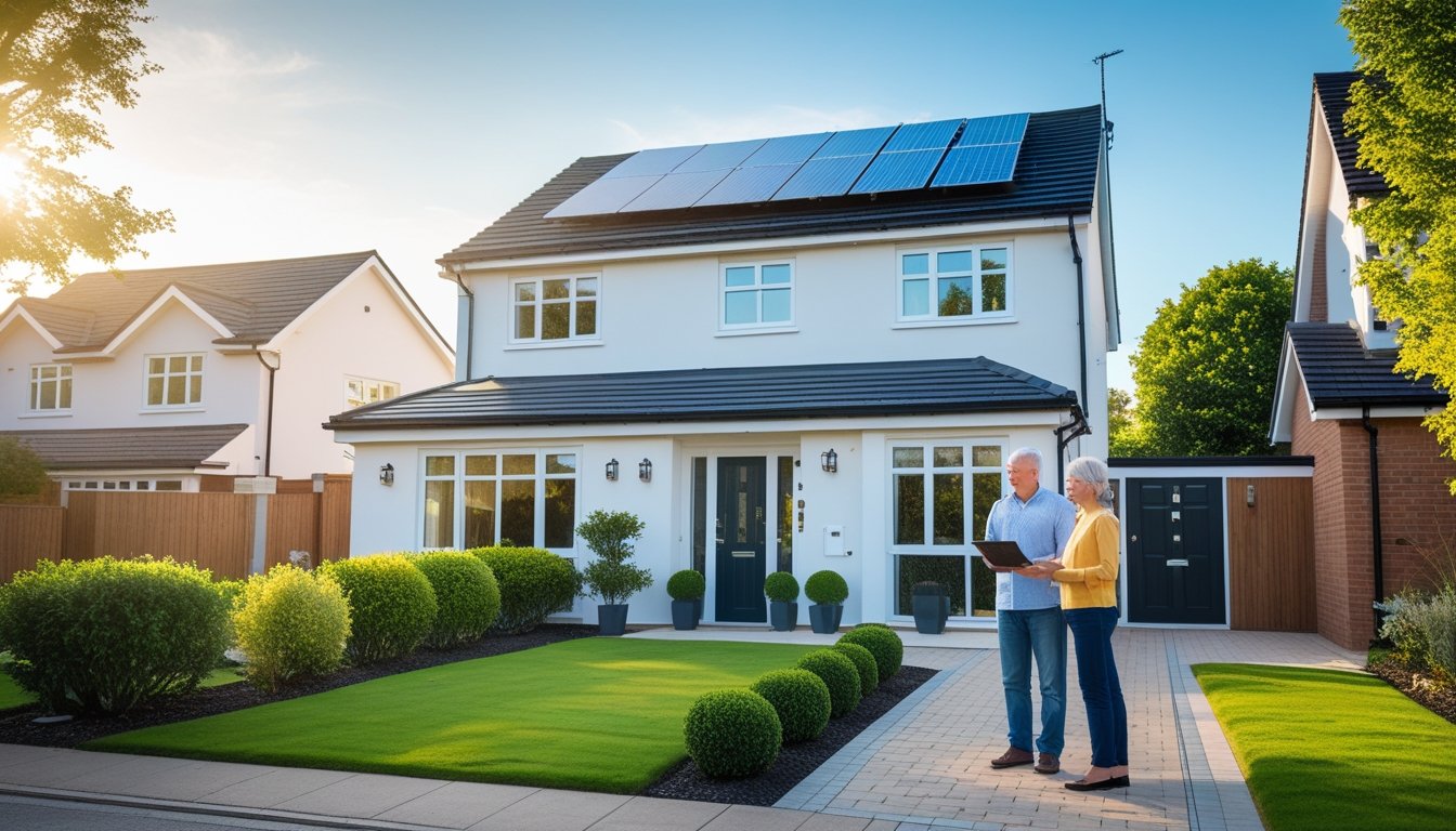 A British suburban house with solar panels on the roof and a couple standing outside discussing energy solutions.