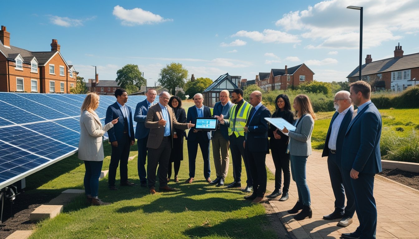 A diverse group of people gathered outdoors near solar panels installed on rooftops and land in a UK community, discussing and collaborating on solar energy projects.