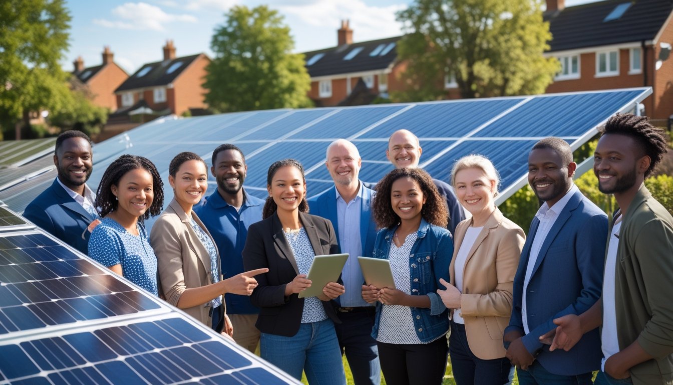 A diverse group of people outdoors in a UK community, discussing solar panels installed on rooftops and community spaces under clear skies.
