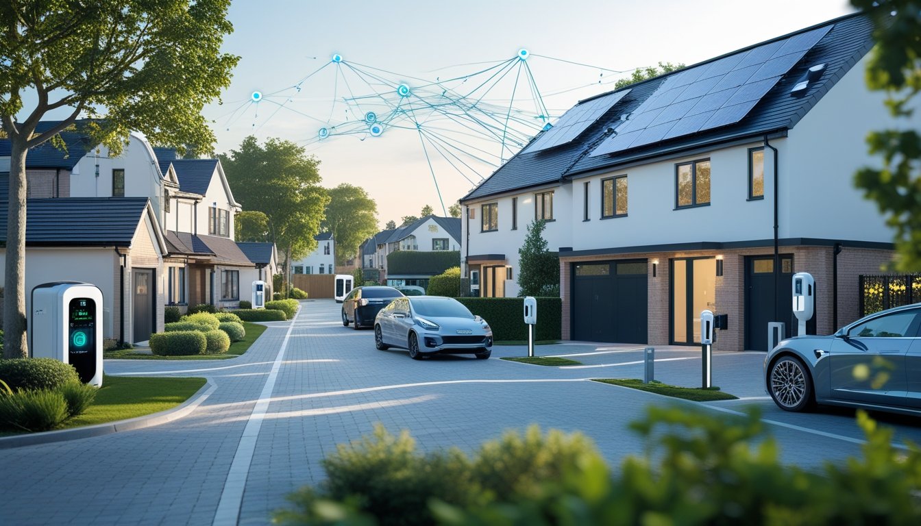 A UK suburban neighbourhood with modern homes featuring solar panels, electric vehicle charging stations, and smart meters, connected by digital energy flow lines under a clear sky.