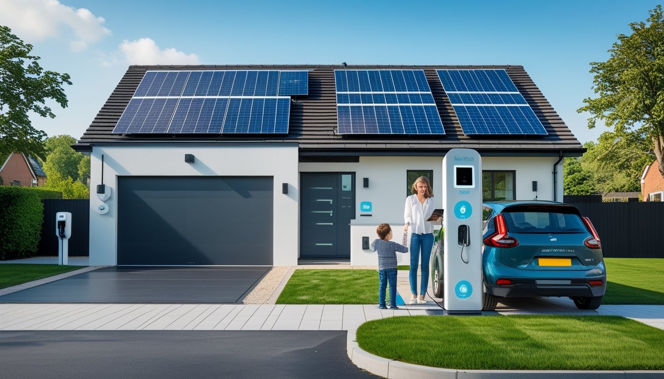 A modern UK home with solar panels, an electric car charging outside, and a family using a tablet to manage their smart energy system.
