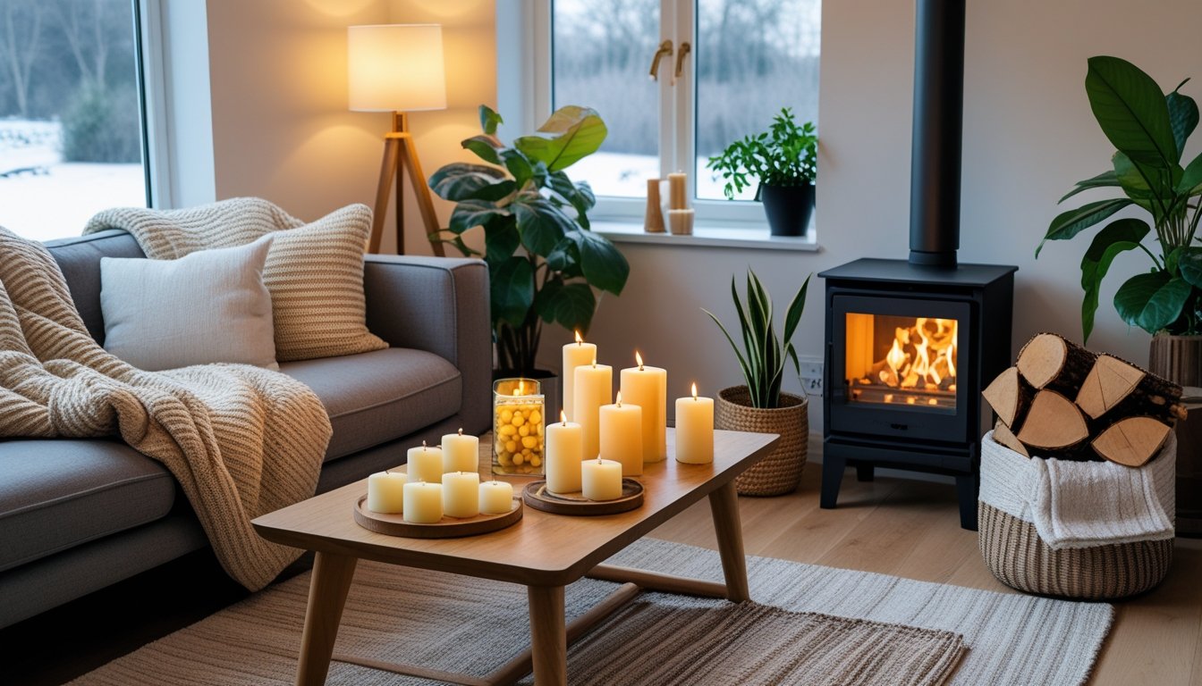 A cosy UK home interior with eco-friendly winter essentials including woollen blankets, LED lamps, beeswax candles, firewood by a wood-burning stove, and green indoor plants, with a frosty winter scene visible outside the window.