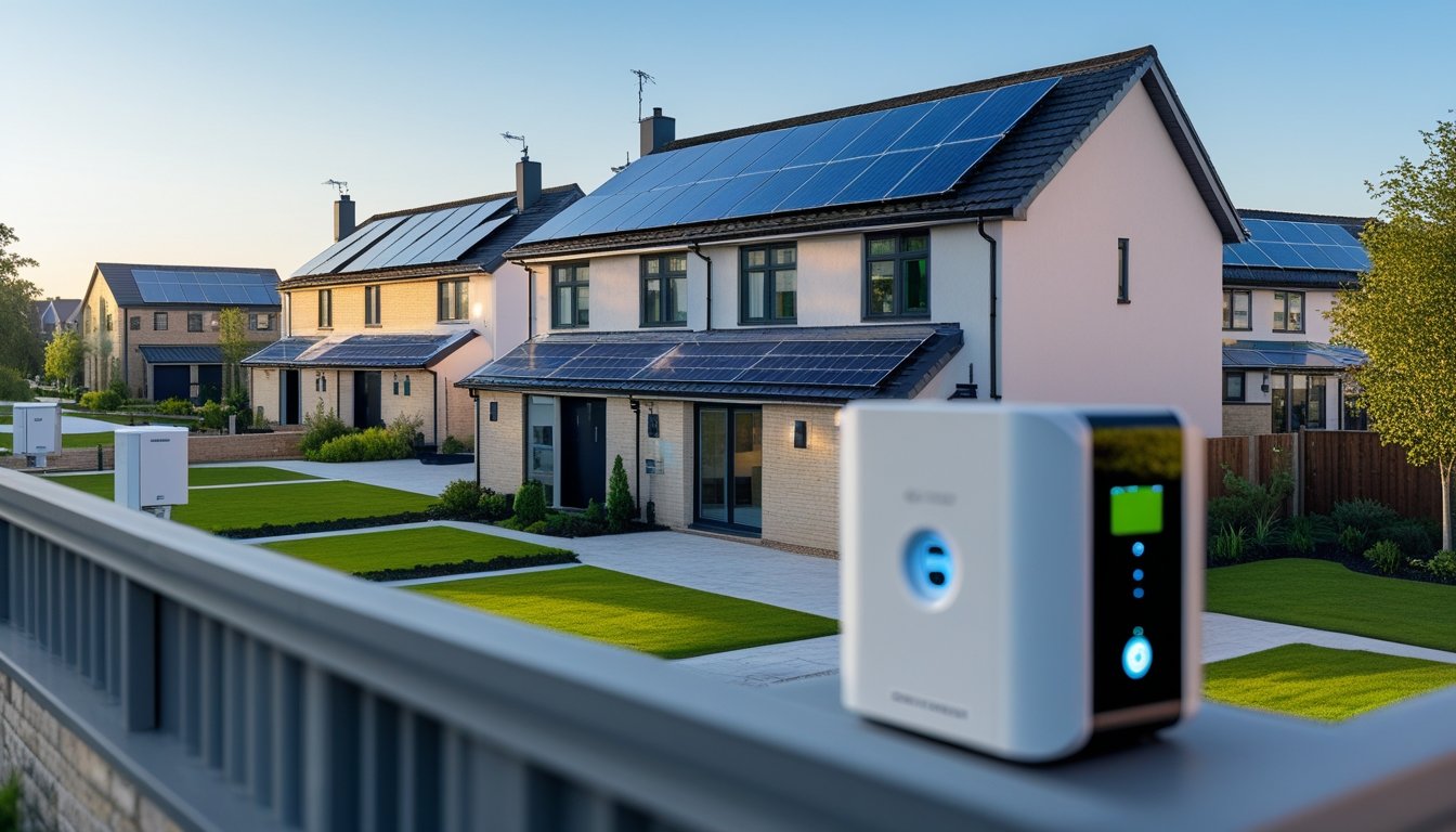 A UK residential neighbourhood with homes featuring solar panels and battery storage units, surrounded by trees and gardens.
