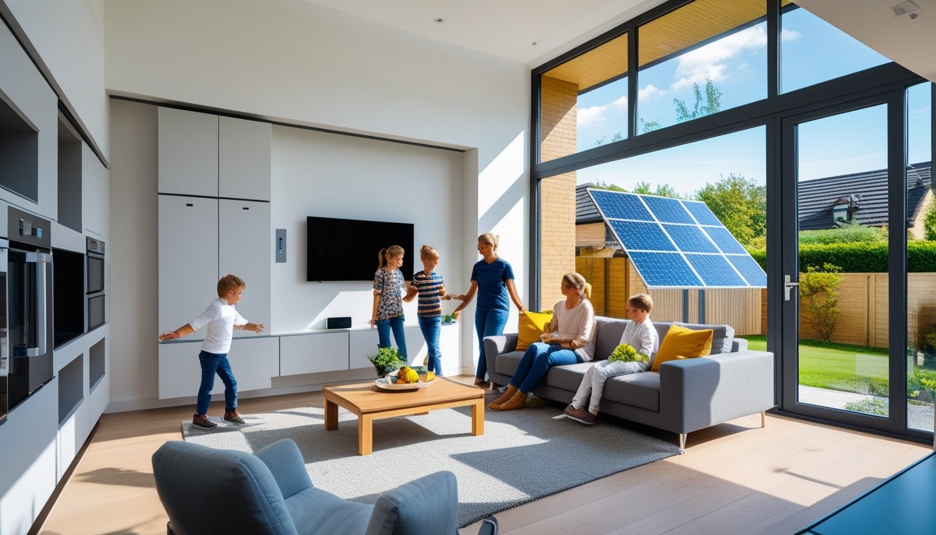 A modern UK home interior with an energy storage battery unit on the wall, solar panels visible outside, and a family using smart devices in a bright living room.