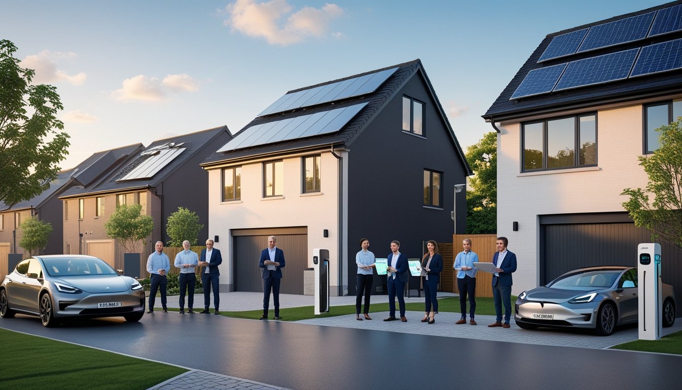 A group of professionals discussing new home energy technologies outside modern UK houses with solar panels and electric vehicle charging stations.