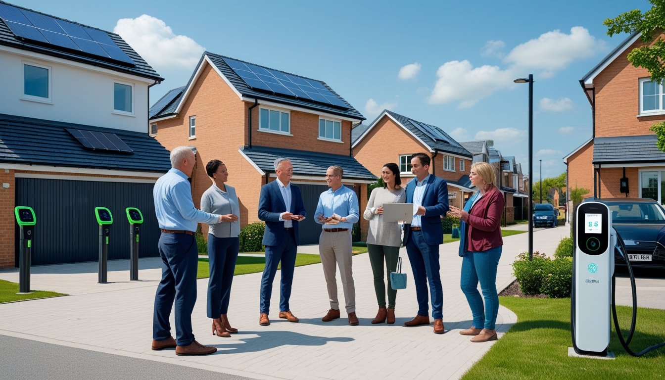 A group of people discussing new home energy technologies outside modern houses with solar panels and heat pumps in a British neighbourhood.