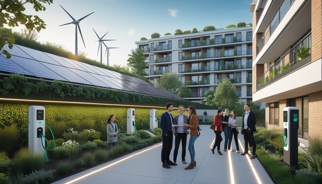 Urban UK apartment buildings with solar panels, green walls, wind turbines, and residents in a communal garden using sustainable energy solutions.