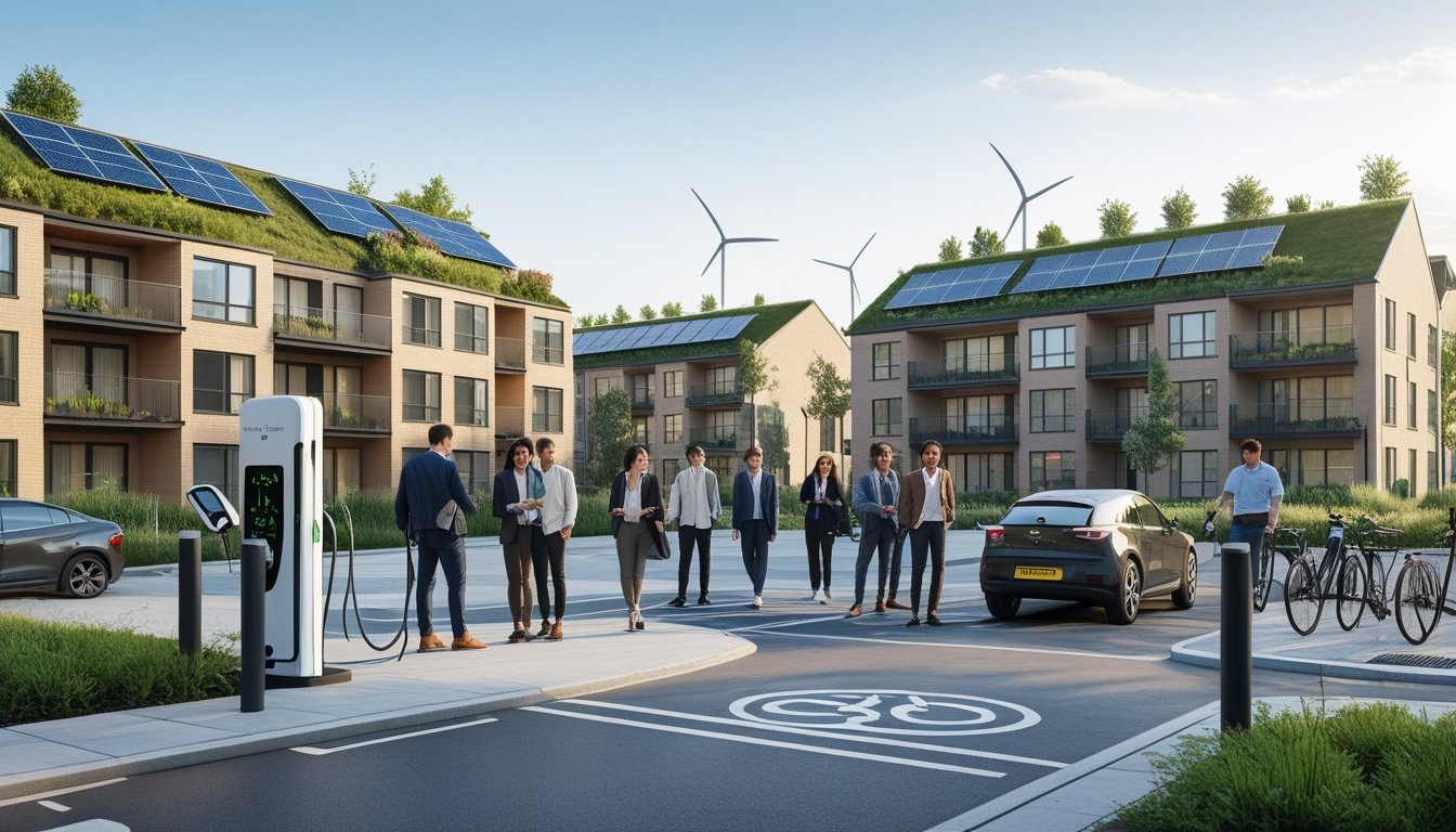 Modern UK apartment buildings with solar panels, green roofs, electric vehicle charging stations, and people using bicycles in an urban setting.