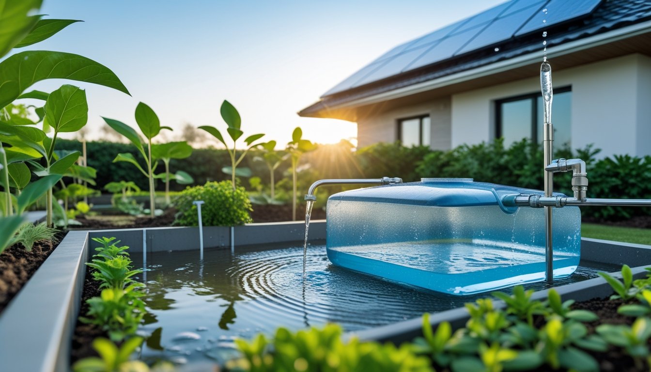 A modern house with a rainwater harvesting system, water storage tank, garden irrigation, and solar panels under a clear sky.