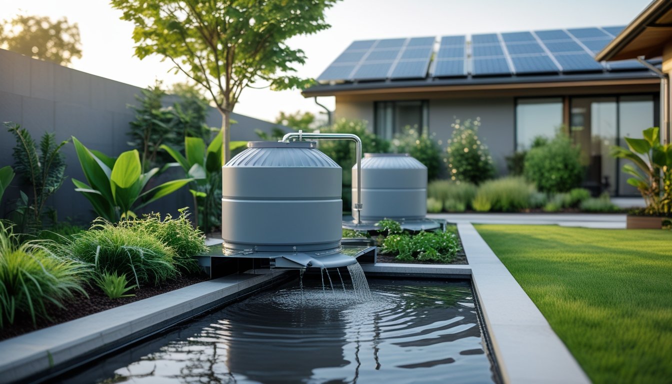 A modern backyard showing an eco-friendly rainwater collection system with storage tanks and a garden beside a contemporary house.