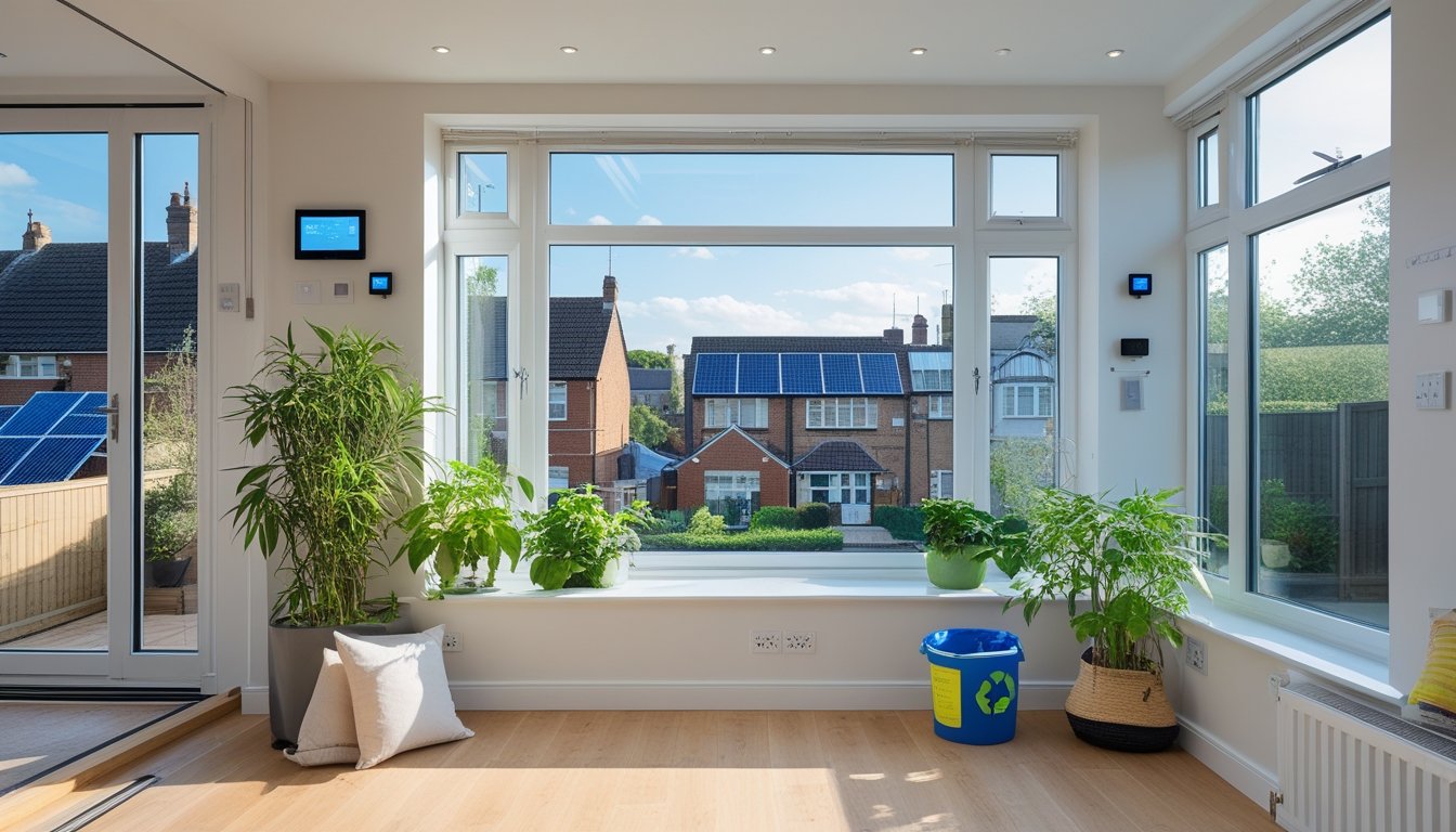 Interior of a modern urban home with large windows, indoor plants, and smart energy-saving devices, showing a neighbourhood with terraced houses outside.