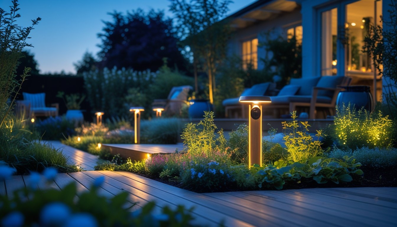 A UK garden at dusk with eco-friendly solar and LED lights illuminating pathways, plants, and outdoor seating areas.