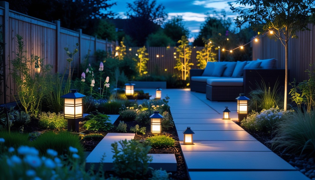 A UK garden at dusk with solar-powered lanterns and LED string lights illuminating plants, a wooden deck, and stone pathways.