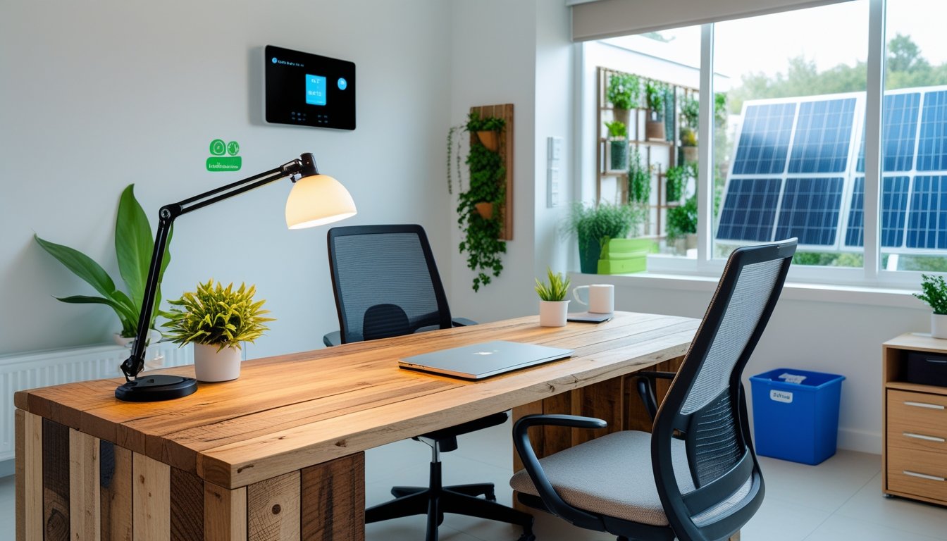A bright home office with a wooden desk near a large window, an ergonomic chair, plants, a laptop, and energy-efficient lighting, showcasing sustainable and energy-saving features.