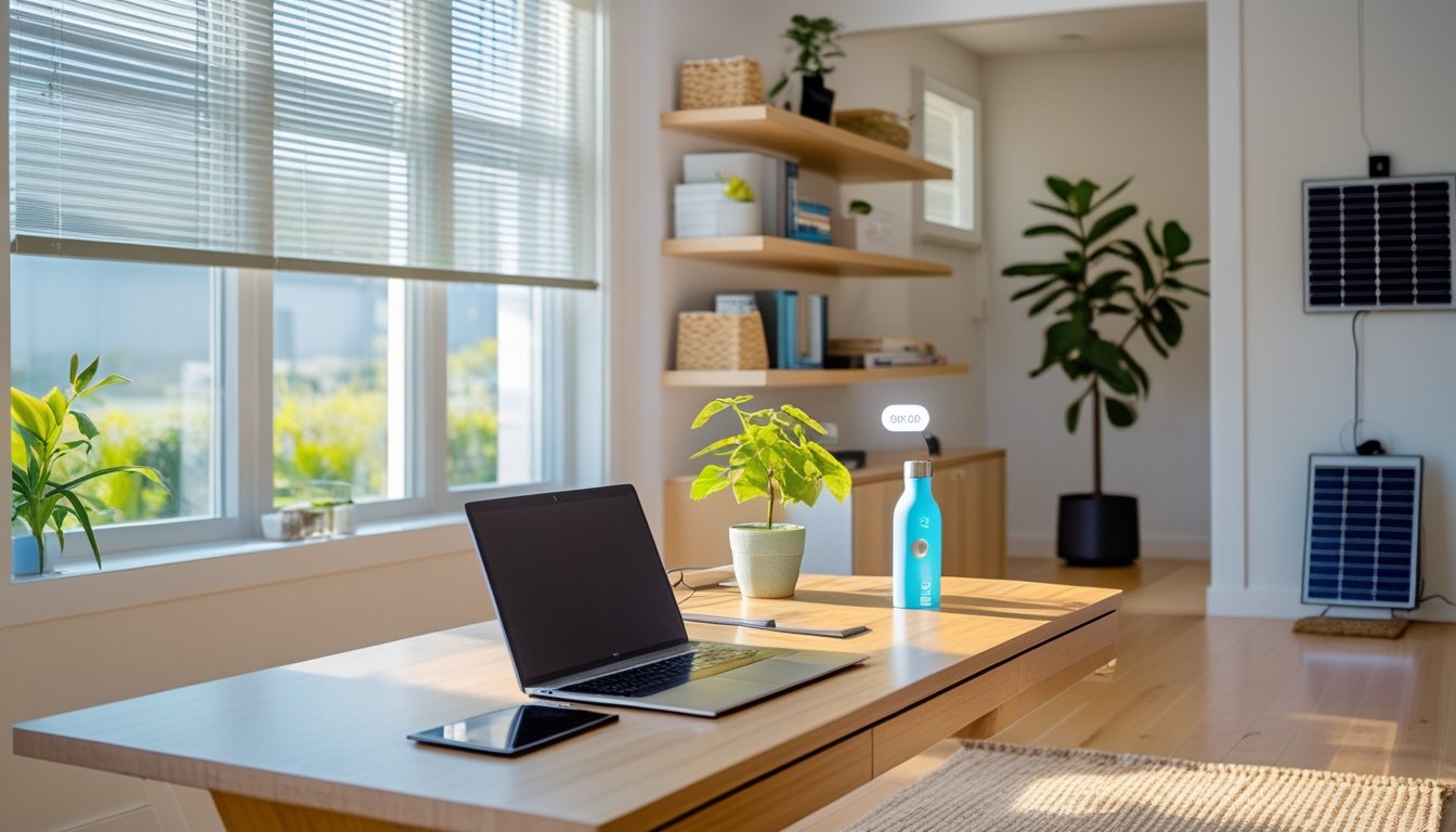 A modern home office with natural light, a wooden desk with a laptop and plant, shelves with books, and eco-friendly devices.