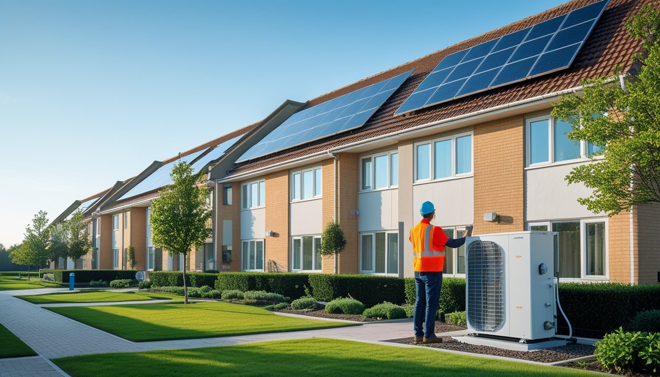 Modern UK flat building with solar panels on the roof, a technician inspecting a heat pump outside, and green trees around the area.