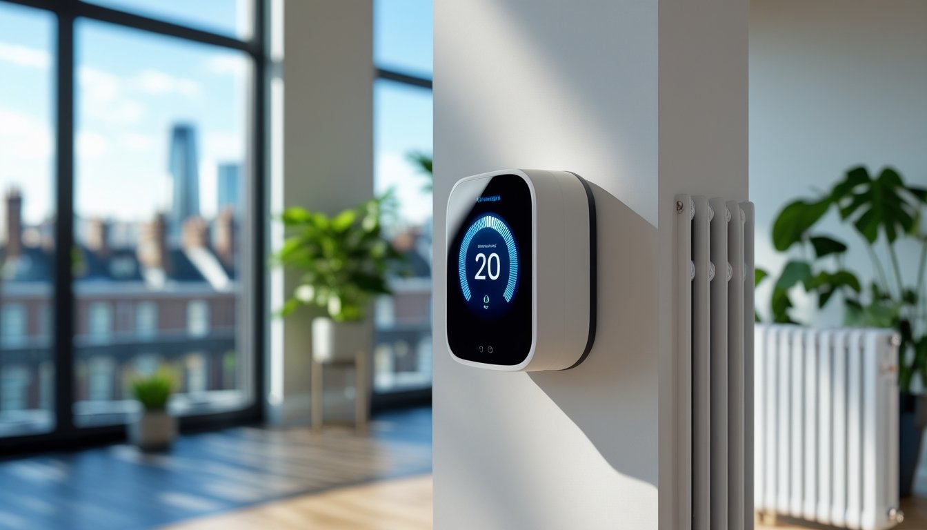 Interior of a modern UK flat showing a smart thermostat and an eco-friendly radiator with natural light and plants.
