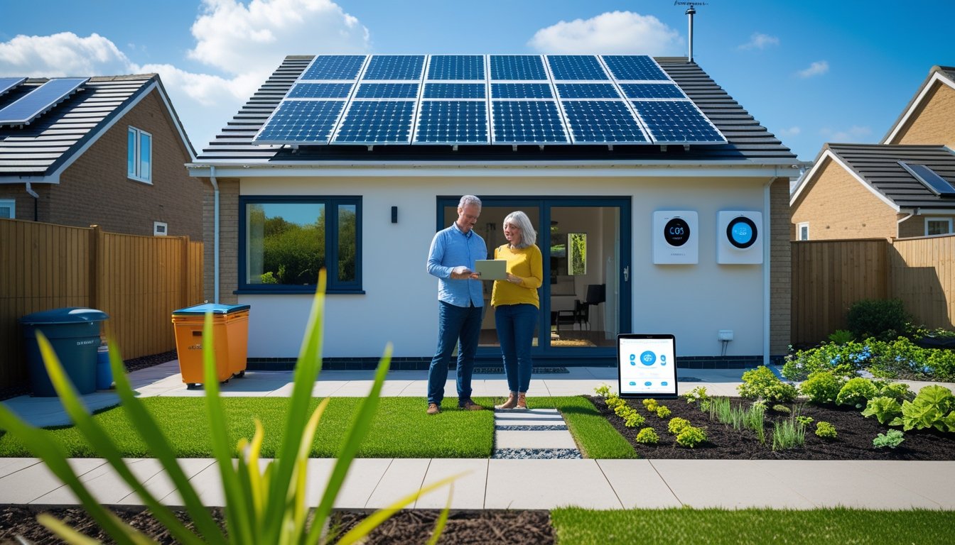 A UK suburban home with solar panels, a garden with native plants, and a couple looking at a tablet outside.
