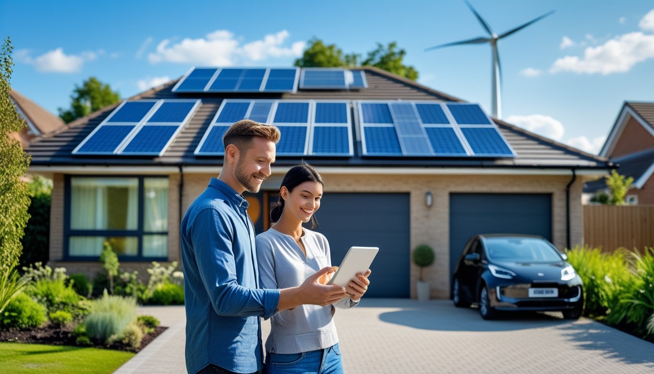 A UK suburban home with solar panels and a garden, with a couple looking at a tablet outside on a sunny day.