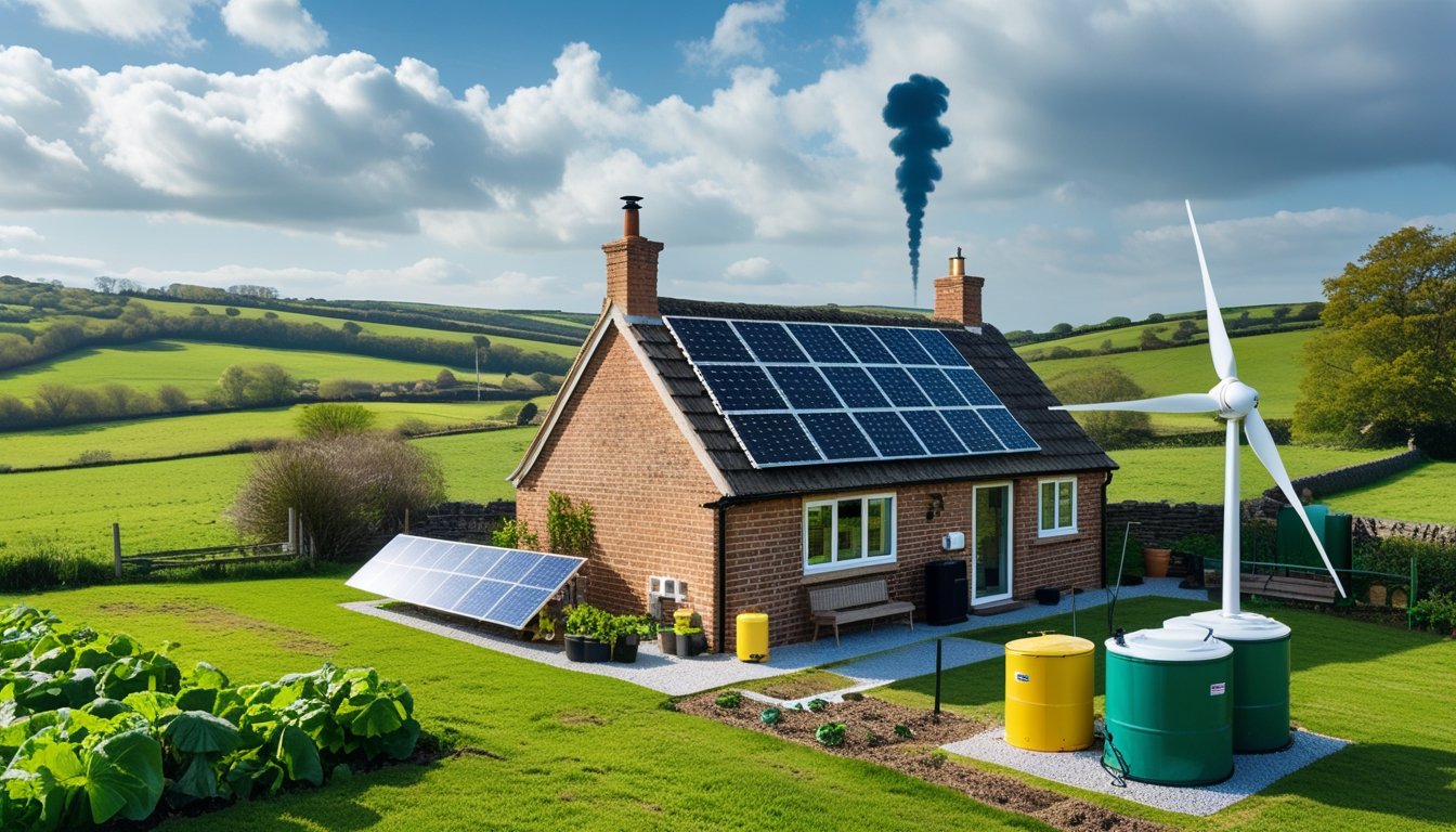 A rural UK cottage surrounded by green fields with solar panels on the roof, a small wind turbine nearby, and a vegetable garden beside the house.