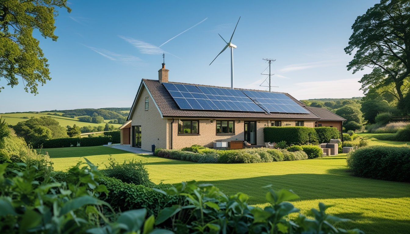 A rural UK home with solar panels on the roof and a wind turbine nearby, surrounded by green countryside and trees.