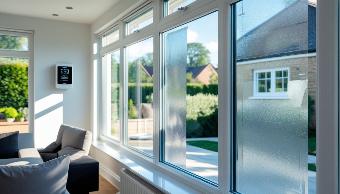Interior of a modern UK home with large windows fitted with clear window insulation film, sunlight streaming through, and a thermostat on the wall.