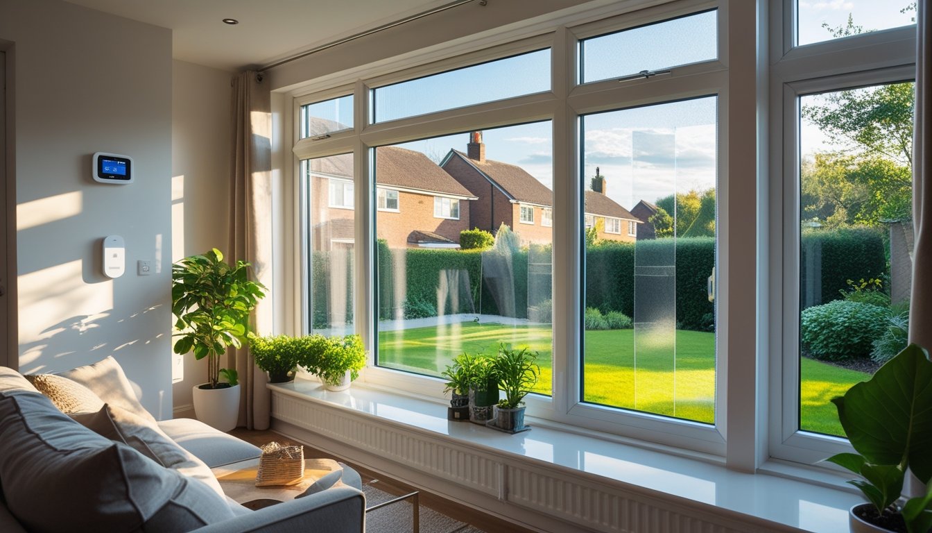 A modern living room with large windows covered by clear insulation film, sunlight streaming in, showing a comfortable home with energy-efficient features.