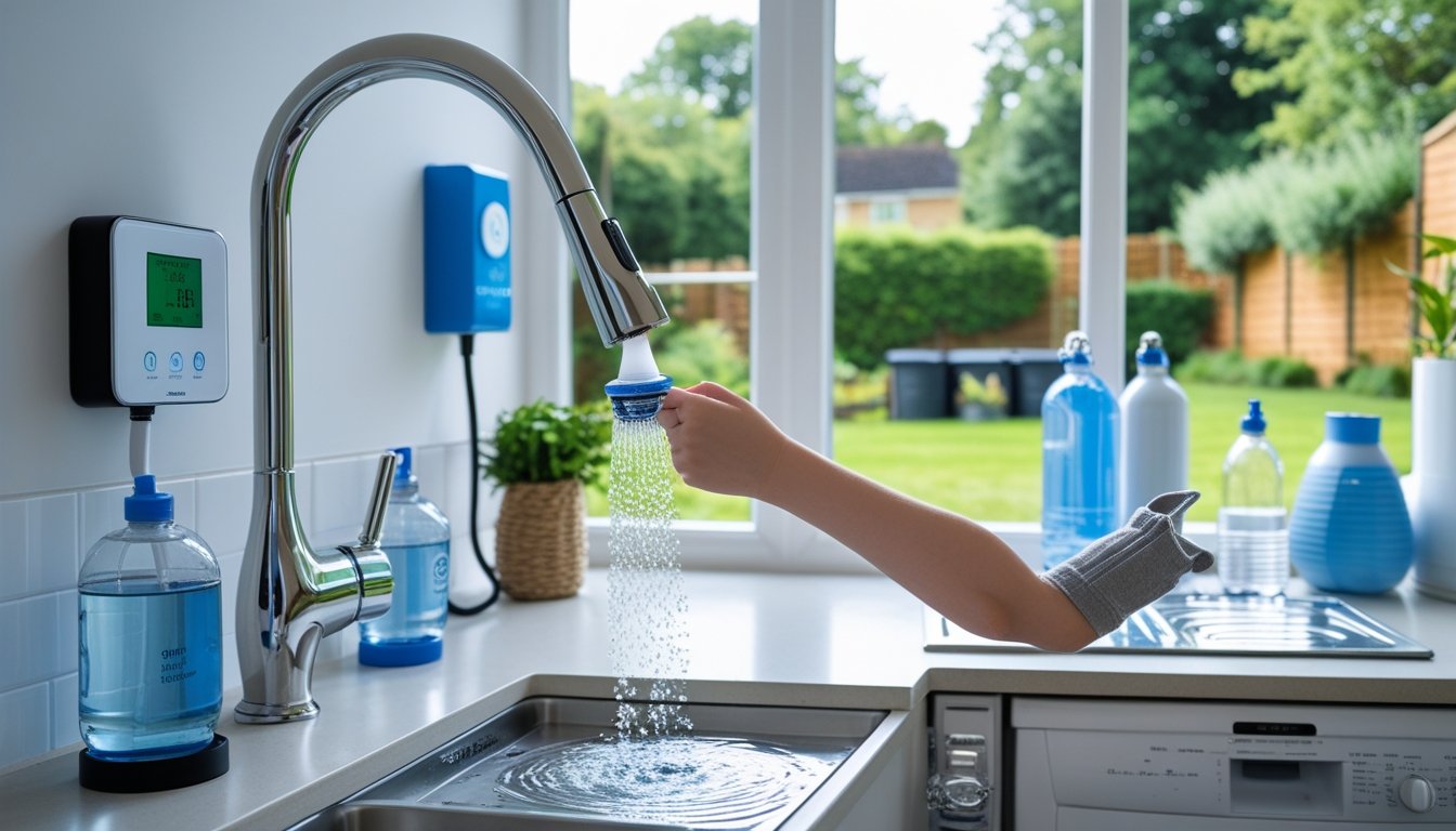 A modern UK kitchen with a person turning off a water tap, a water usage monitor on the wall, and rainwater barrels visible outside the window.