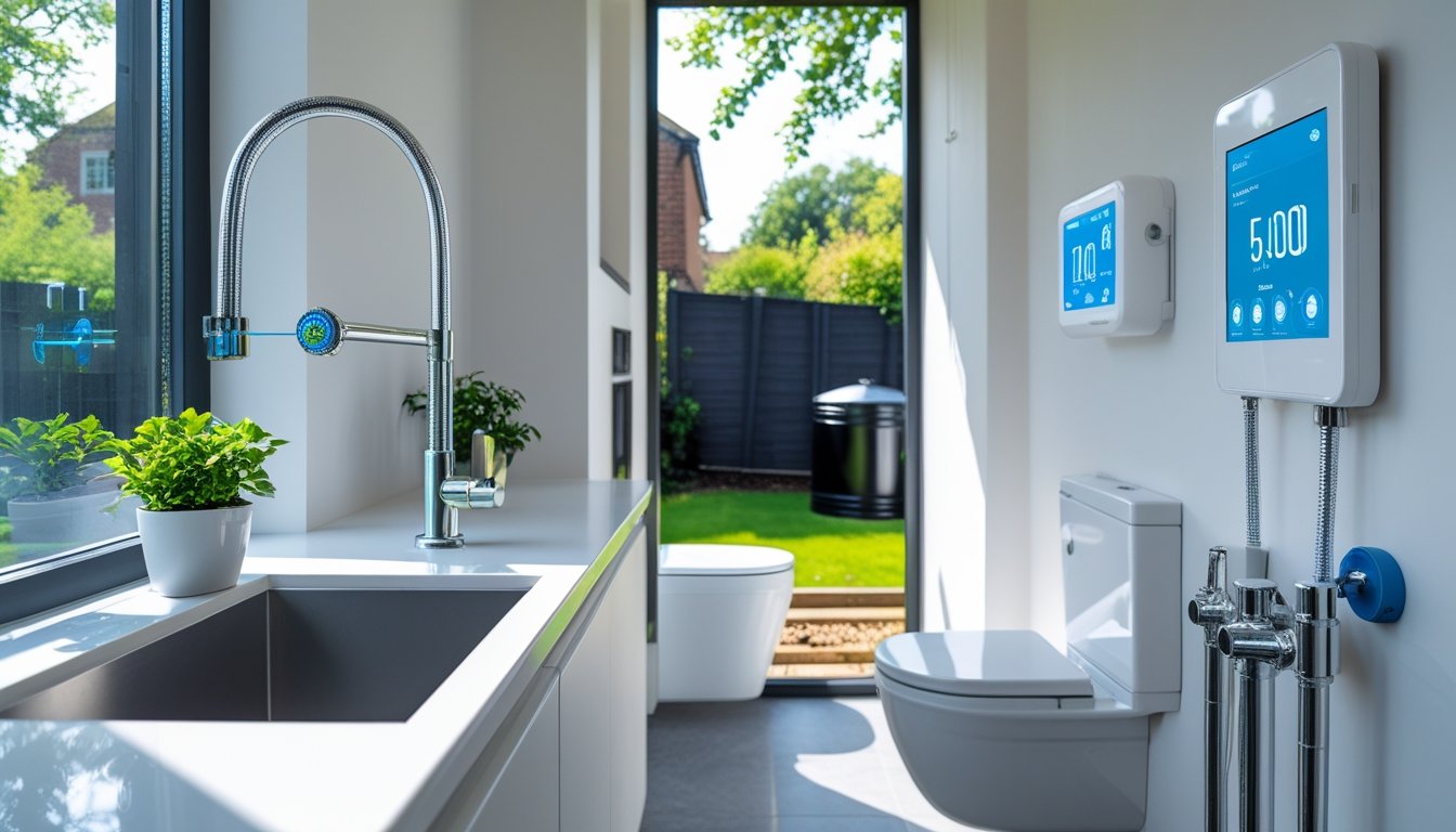 A modern UK home kitchen and bathroom area showing water-saving fixtures, a smart water meter, and a rainwater barrel outside a window.